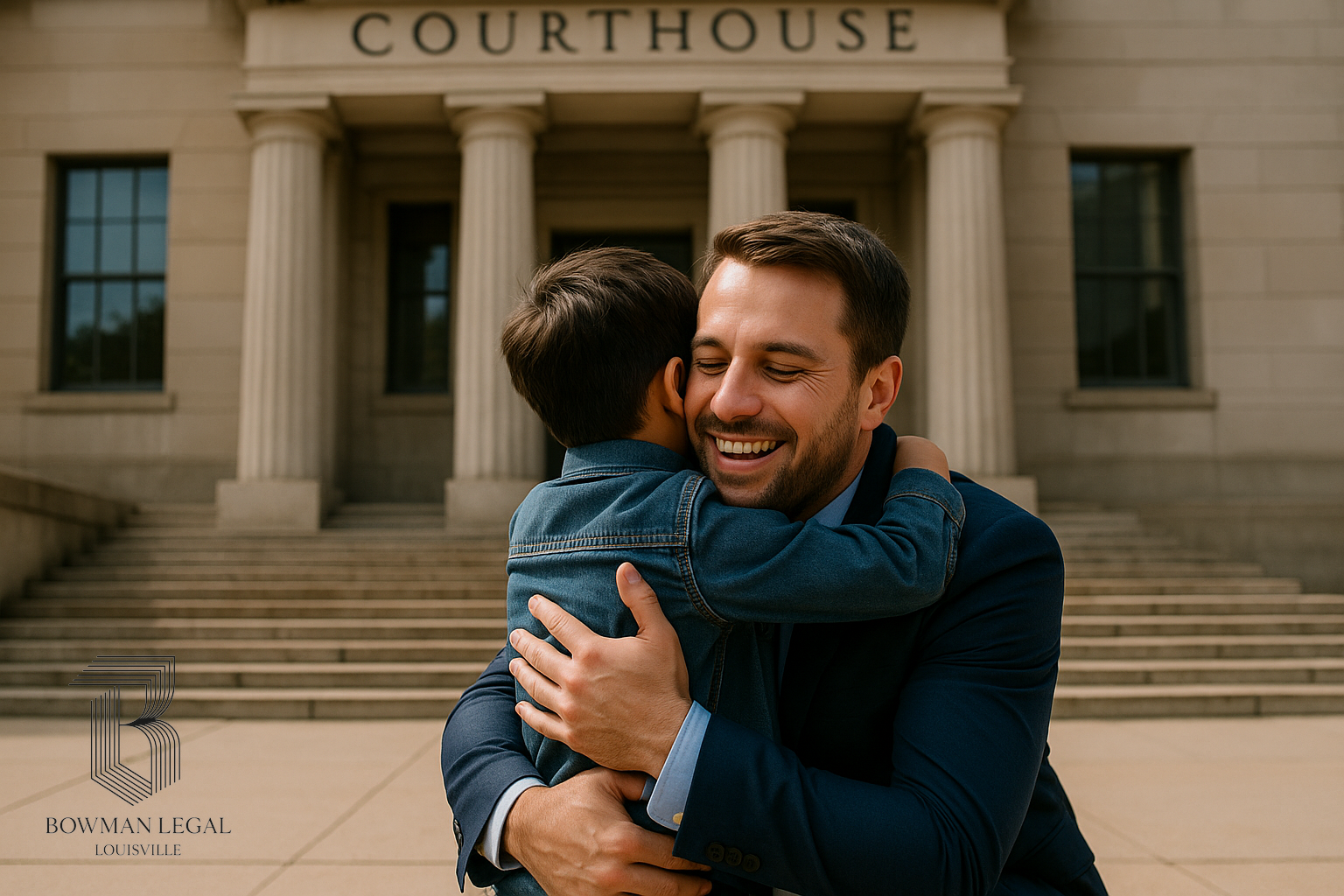Father embracing son outside the Louisville courthouse — protecting Kentucky families